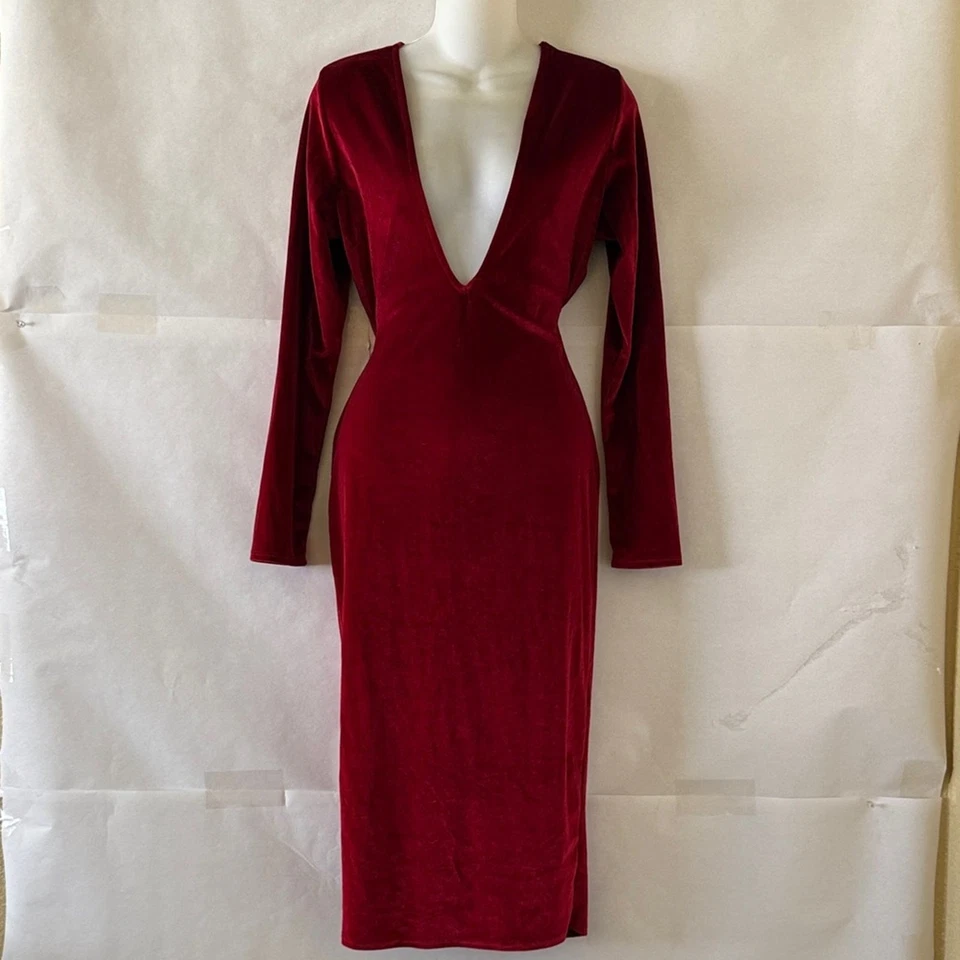 Vestido Midi Vintage Magia Rojo Terciopelo Talla L Profundo V Manga Larga Bodycon Retro Glamour Foto 2 de 4