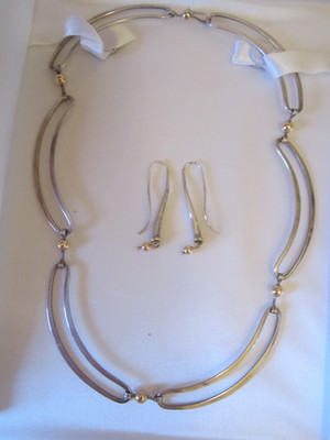 MCM Ed Levin 14k Gold & Sterling Silver Modernist Link Necklace & Earrings Set