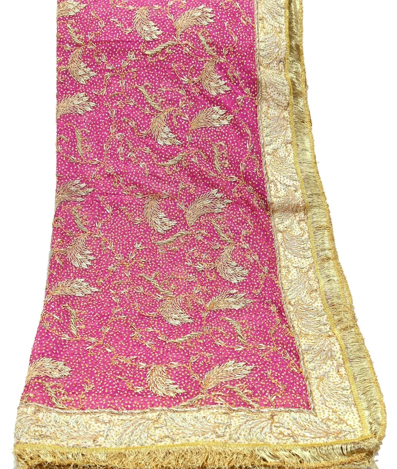 Véu bordado à mão vintage pesado nupcial Dupatta rosa puro chiffon seda estola - Imagem 2 de 4