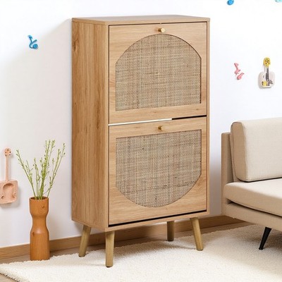 Rattan Shoe Cabinet - 2 Flip-Down Bins, Natural & Tapered Legs Organizer