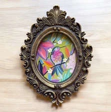 Hummingbird watercolor miniature art print in purple vintage style ornate frame