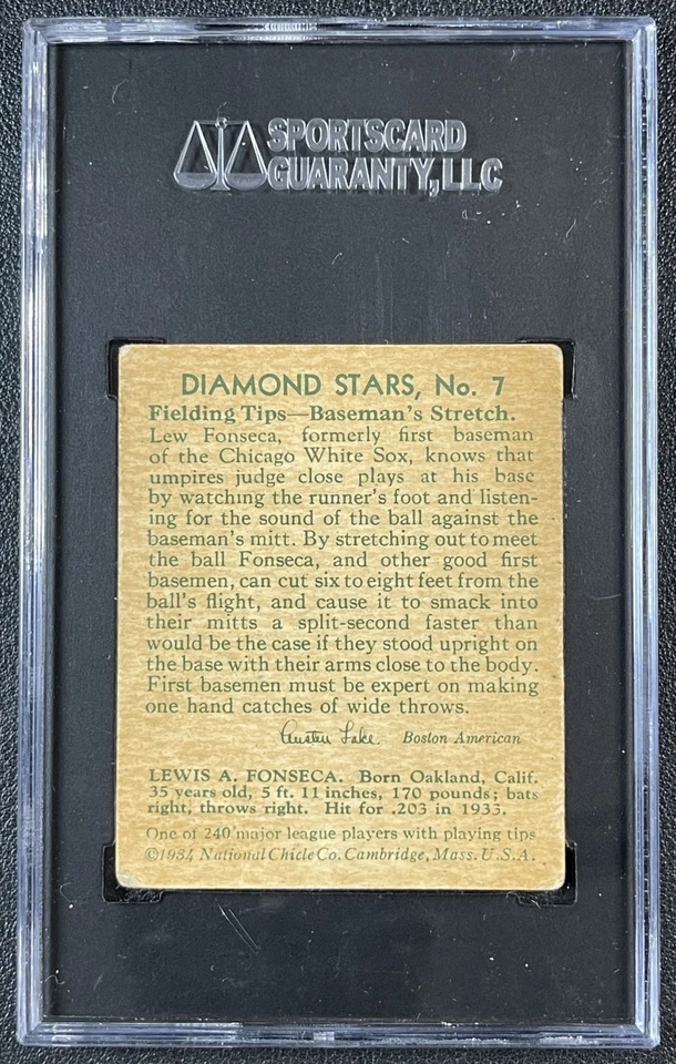 LEW FONSECA SGC 1.5 1934 NATIONAL CHICLE DIAMOND STARS (R327) #7 WHITE SOX 002 - Image 2 of 2