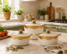 Luxury 3Pc White Gold Ceramic Serving Bowl Set Glass Lids 1L 2L 3L
