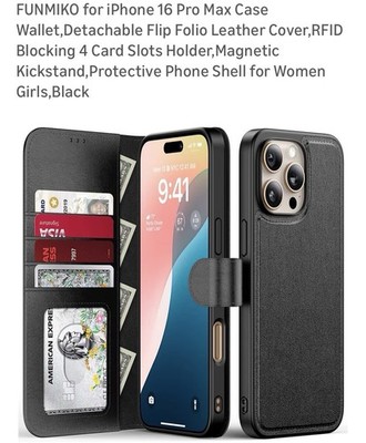 FUNMIKO iPhone 16 Pro Max Wallet Case Leather Black RFID Blocking Kickstand