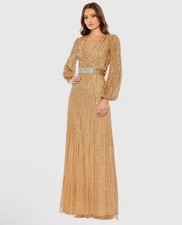 NWT Mac Duggal Embellished Wrap Over Puff Sleeve Gown In Gold Size 8 MSRP $598