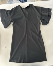 Black Sheath Dress V-Neck Ruffle Short Sleeve Solid Women's Short Pullover