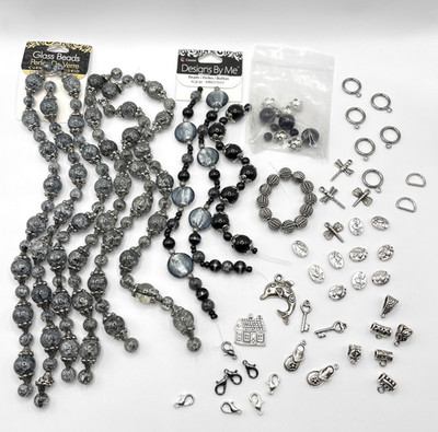 Lot Glass Beads Jewelry Charm Supplies Black Gray Silver Tone Crackle Foil Craft