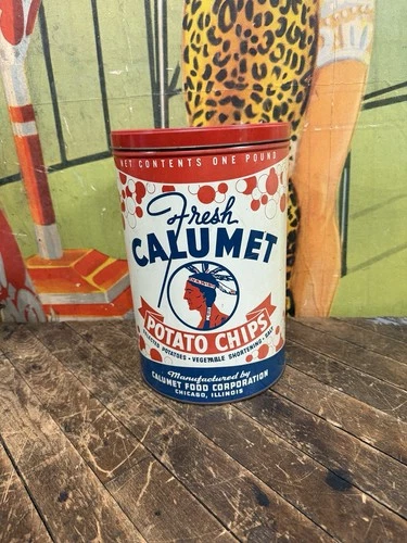 VINTAGE C. 1940 CALUMET POTATO CHIPS CAN TIN SIGN NATIVE AMERICAN INDIAN CHICAGO