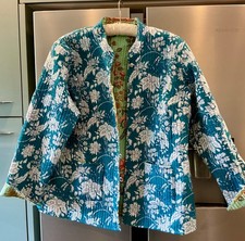 YUMI TEAL / GREEN FLORAL REVERSIBLE QUILTED COTTON JACKET - SIZE 14 NEW