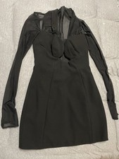 House of CB Holly Black Plunge Mesh Long Sleeve Crepe Bodycon Mini Dress Size S