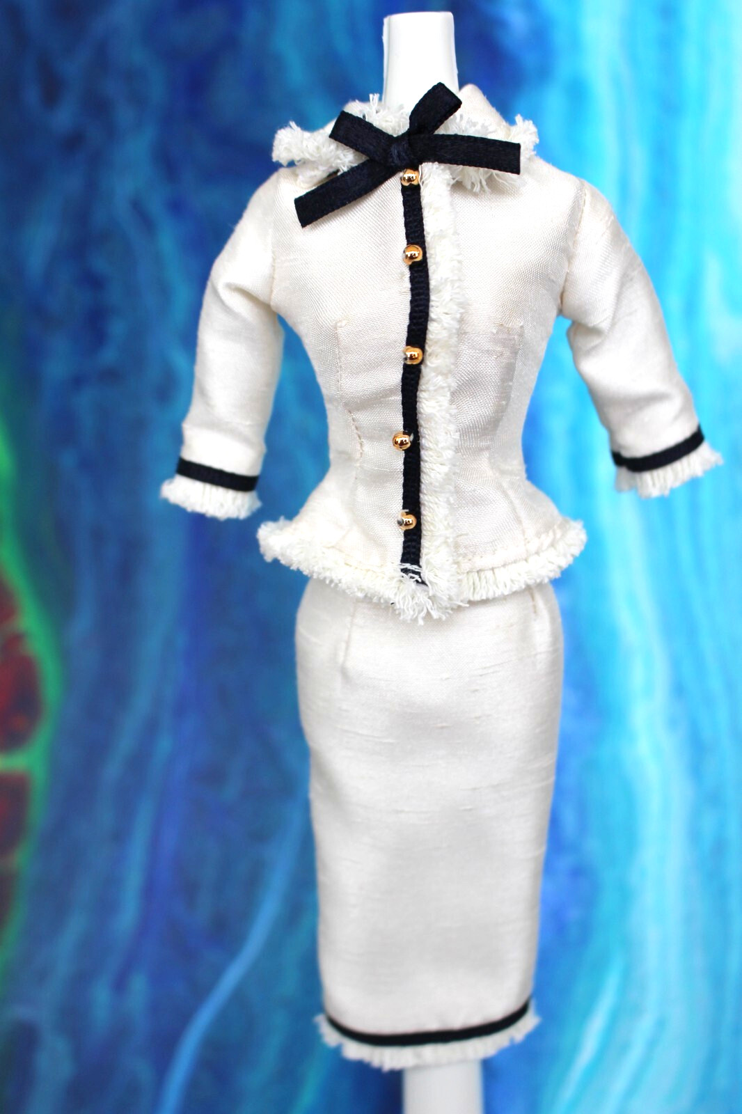 White 2pc Barbie Suit Jacket Skirt Business Outfit Blue trim Cocktail Fashion