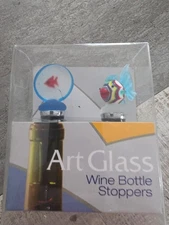 LSArts Inc 2 Art Glass Wine Bottle Stoppers Fish Art Deco New In Box Ocean Beach