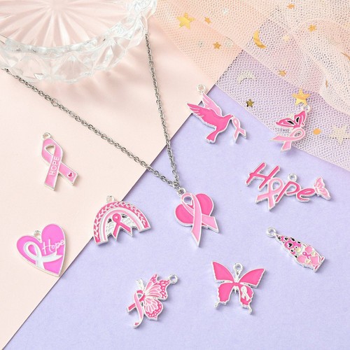 40Pcs Enamel Pink Hang Dangle Charm Heart Ribbon for Jewelry Making DIY Crafting - Picture 6 of 8