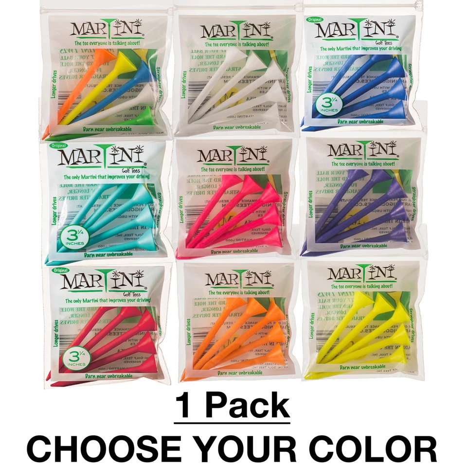 MARTINI GOLF TEES Martini 3-1/4" Durable Plastic Golf Tees – 5 Pack - CHOOSE YOUR COLOR!
