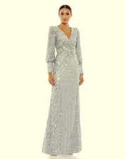 Mac Duggal Silver Gray Sequin Beaded Long Sleeve Sheath Gown Size 14 $598