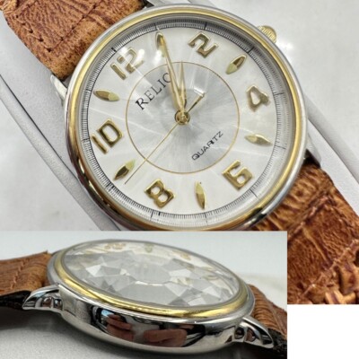 Relic White Silver Gold Tone, 33mm, Brown Braided Leather Prism Watch  ZR-57010