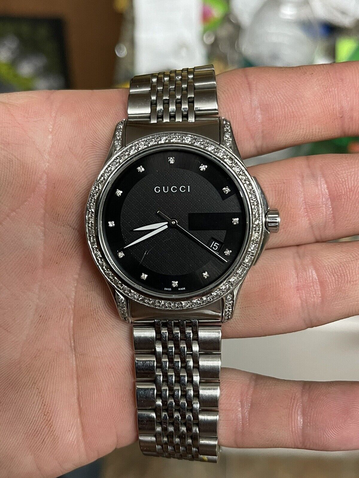 Gucci G Timeless Diamond Watch Stainless Steel Men’s 38mm Black Face