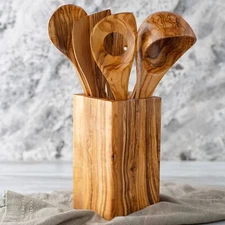 Olive Wood Kitchen Utensil Holder Handmade Rustic Wooden Crock for Countertop