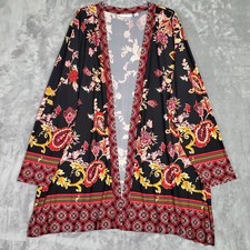 Susan Graver Cardigan Womens 3X Red Black Paisley Liquid Knit Open Artsy Boho