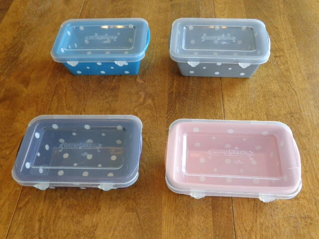TEMP-TATIONS POLKA DOT MINI LOAF PANS 12 OUNCE BAKERS W/LIDS LOT OF 4 NEW