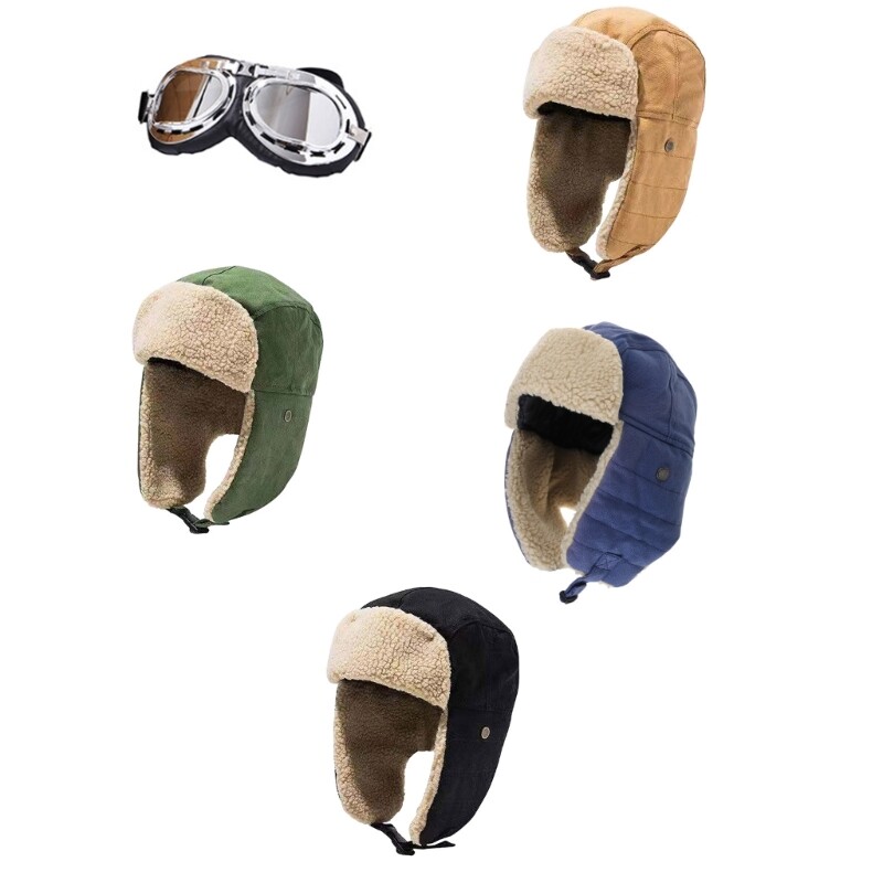 Vintage Ushanka Winter Hat with Goggles for Skiing Camping Hiking Biking