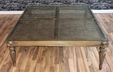 COUCHTISCH WOHNZIMMERTISCH TISCH 122 X 122 MAHAGONI-HOLZ RATTAN GLASPLATTE