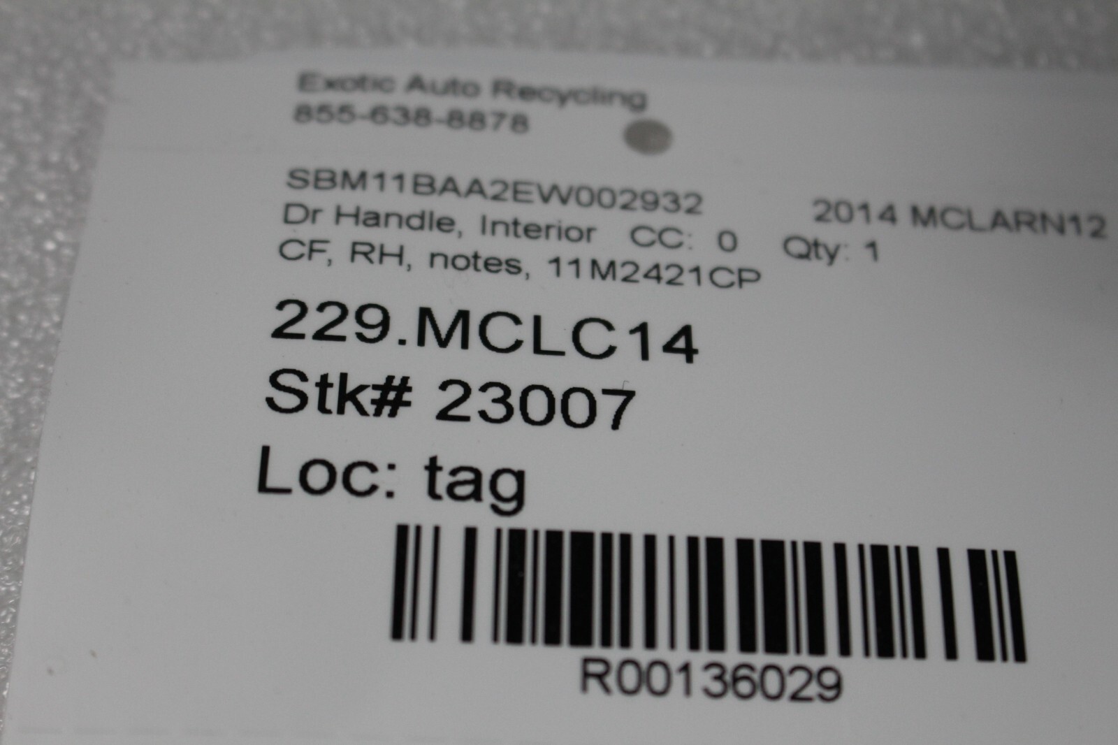 McLaren MP4-12C, Carbon Fiber, RH, Right, Window Switch, Used, P/N 11M2421CP