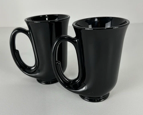 Vintage Tiara Indiana Horn Mug Black Glass Hunter Bugle 12 oz Mug Set of 2