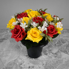Grave Pot Artificial Silk Flowers Red and Yellow Open Roses Memorial Crem