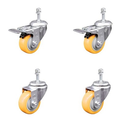 3.5 Inch Yellow Polyurethane Swivel 10mm Stem Caster Set 2 Total Lock Brake