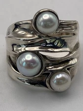 Hagit Gorali HG Israel Sterling Silver Three Genuine Pearl Modernist Ring Size 9