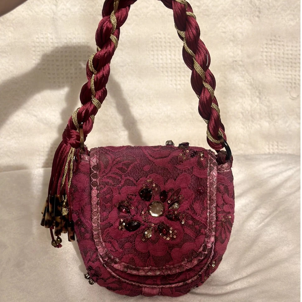 Cartera De Colección Donna Karan Borgoña Encaje Boho Chic Caprichoso Foto 2 de 4