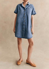 Sezane Denim Mini Short-Sleeve cotton Ana Shirt Dress oversized size 34