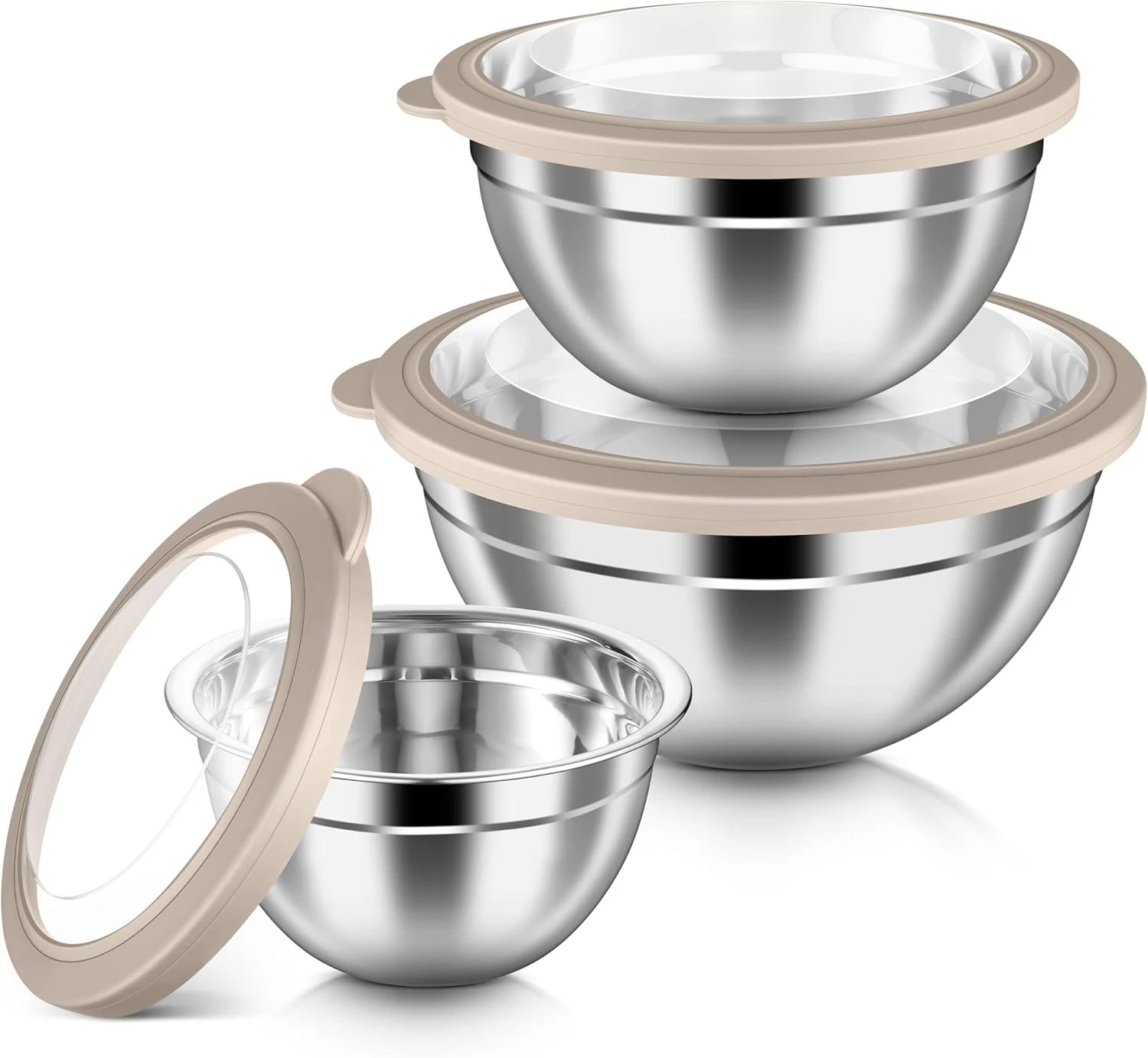 HaWare Mixing Bowls with Airtight Clear Lids, 6-Piece Stainless 3 Size, Khaki