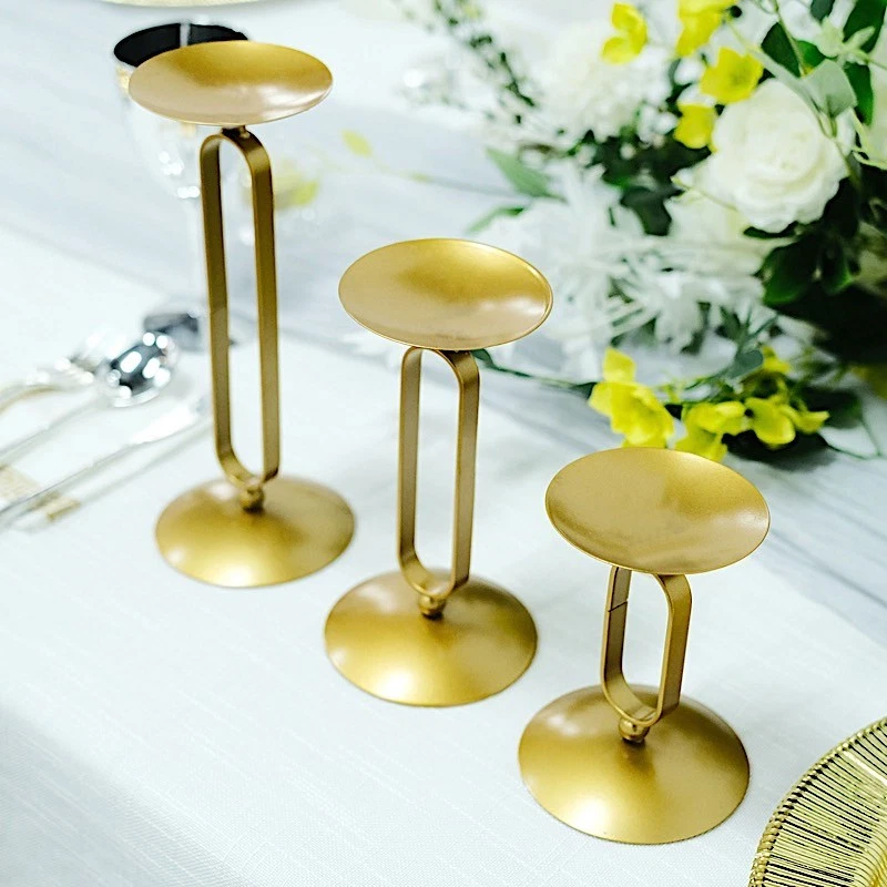 3 Gold Geometric Oval Metal Pillar Candle Holders Wedding Party Events Supplies - Picture 8 of 9