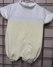 Vintage Baby Knit Embroidered Teddy Bear Romper Size 9M Friemanit Yellow Unisex