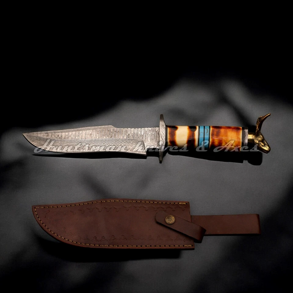 Forja manual feita sob medida aço damasco bronze veado BOWIE com cabo turquesa e osso - Imagem 4 de 4