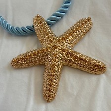 Gold Starfish Pendant Necklace on Blue Cord, 16in Statement Nature Charm