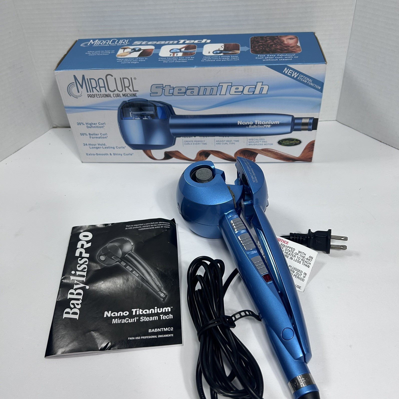 BaBylissPRO Blue Nano Titanium MiraCurl Professional Curl Machine Steam Tech