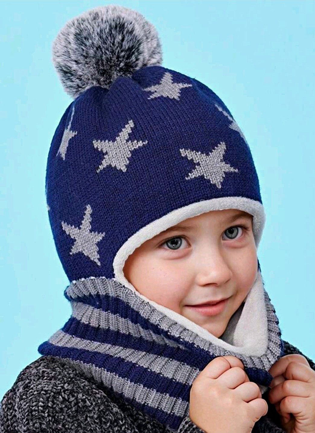 Kids Knit Lined Beanie Hat Pom Pom Star Pattern Blue Gray 50-54cm