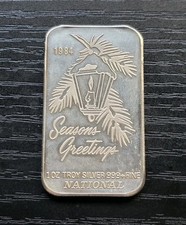 Vintage National 1984 Seasons Greetings 1 Troy Oz .999 Fine Pure Silver Art Bar
