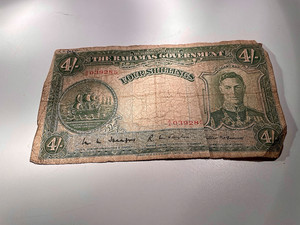 The Bahamas Government 1936 Four Shillings Banknote P#9e King George VI 4/- (VG)