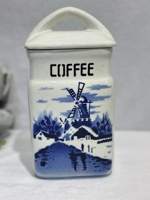 Vintage Czechoslovakian Delftware Coffee Canister Blue and White Chips 8.5 T