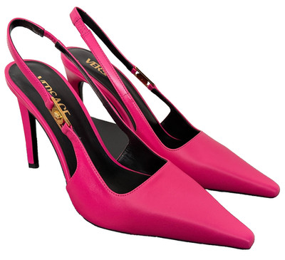 NIB Versace Tribute Medusa Logo Gold Charm Pink Leather Slingback Pumps 39 $1295