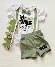 Baby Boy First Birthday 3-pc Shorts Outfit “Mr. Onederful” • Animal Theme