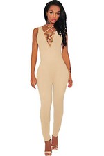 Langes Kleid Overall offen Nude eng anliegend Schnürung Ausschnitt Lace Up Jumpsuit Clubwear M
