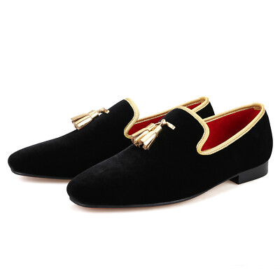 FERUCCI Square Toe Black Velvet Gold Tassel Loafer Slippers  display picture 1
