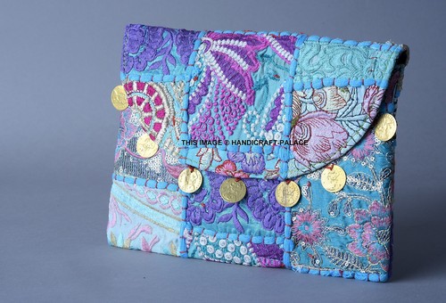 Sac Bandoulière Patchwork Indien Brodé Main - Vintage, Coton Bleu - Taille Moyenne