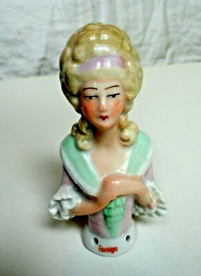 Vintage Porzellan Nadelkissen Half Doll. Regency Style Lady. Sehr guter Zustand.