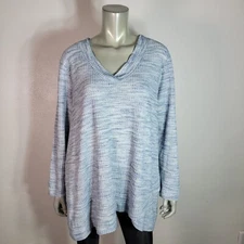 Catherines Top Plus Size 2X V-Neck Relaxed Fit Waffle Knit Pullover Stretch Blue